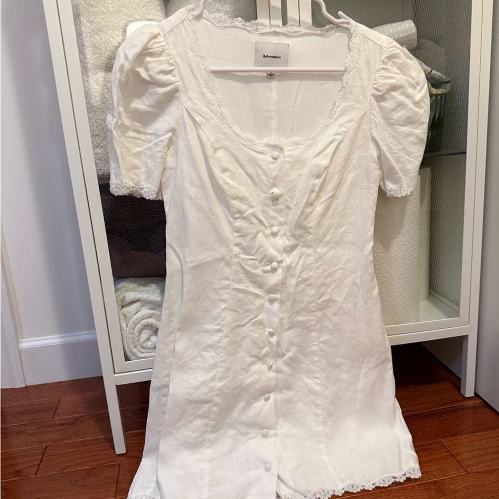 REFORMATION Annabella Lace Trim Linen Minidress